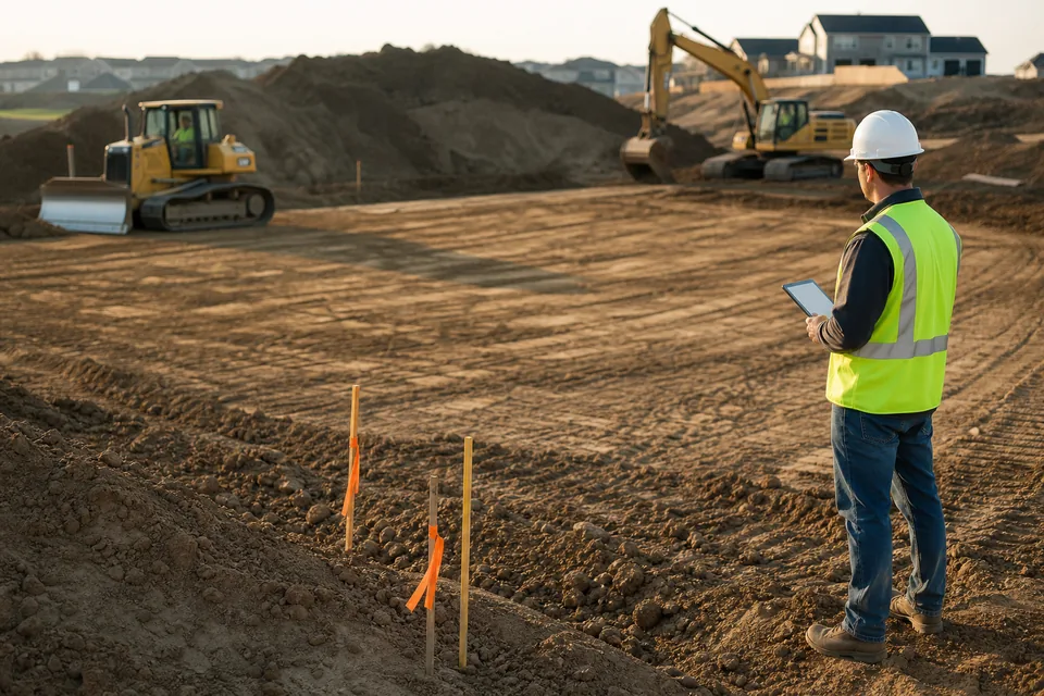 Superintendent with a tablet checking a graded building pad while a dozer and excavator move dirt