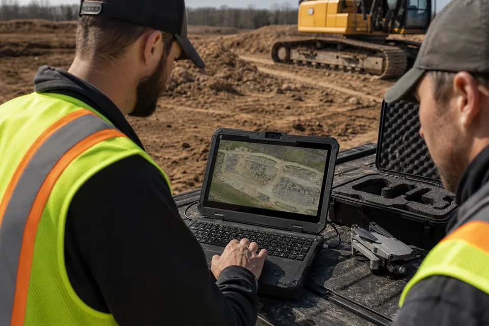 Site team reviewing a drone map together on a laptop without a processing workstation