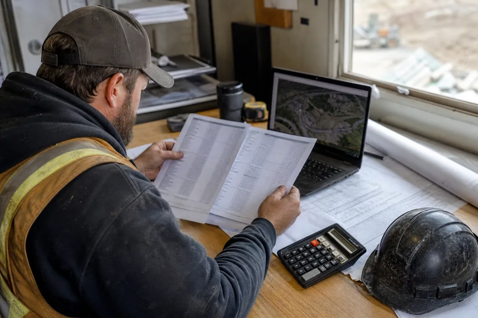 Software quotes and a laptop on an estimator's desk in a construction office