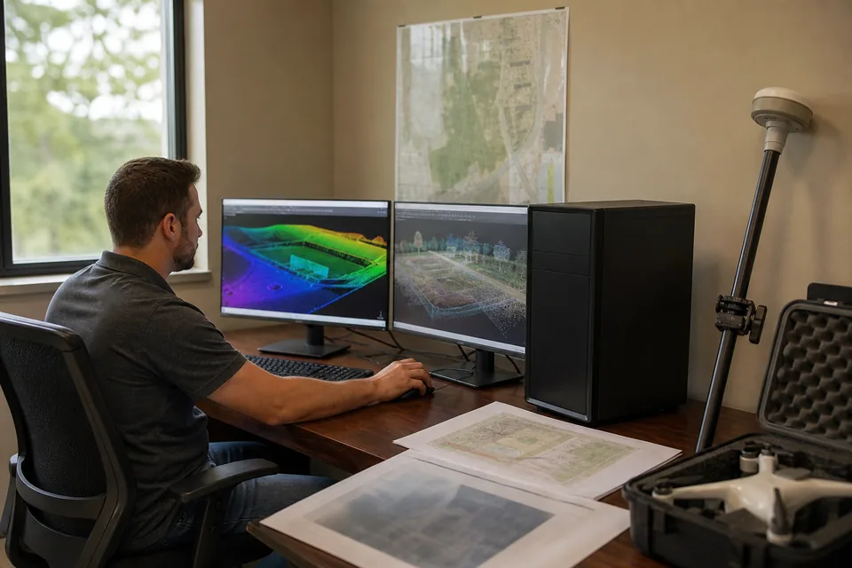 Survey technician processing a drone terrain model on a desktop workstation in a survey office