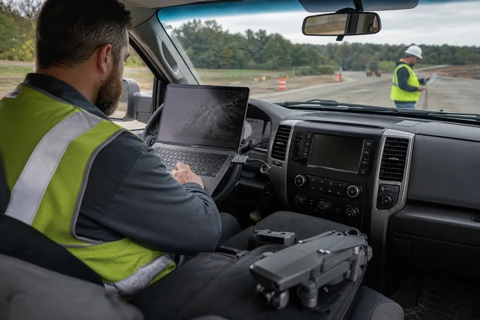 Drone pilot uploading flight photos from a laptop in a work truck cab while a site manager waits for the map