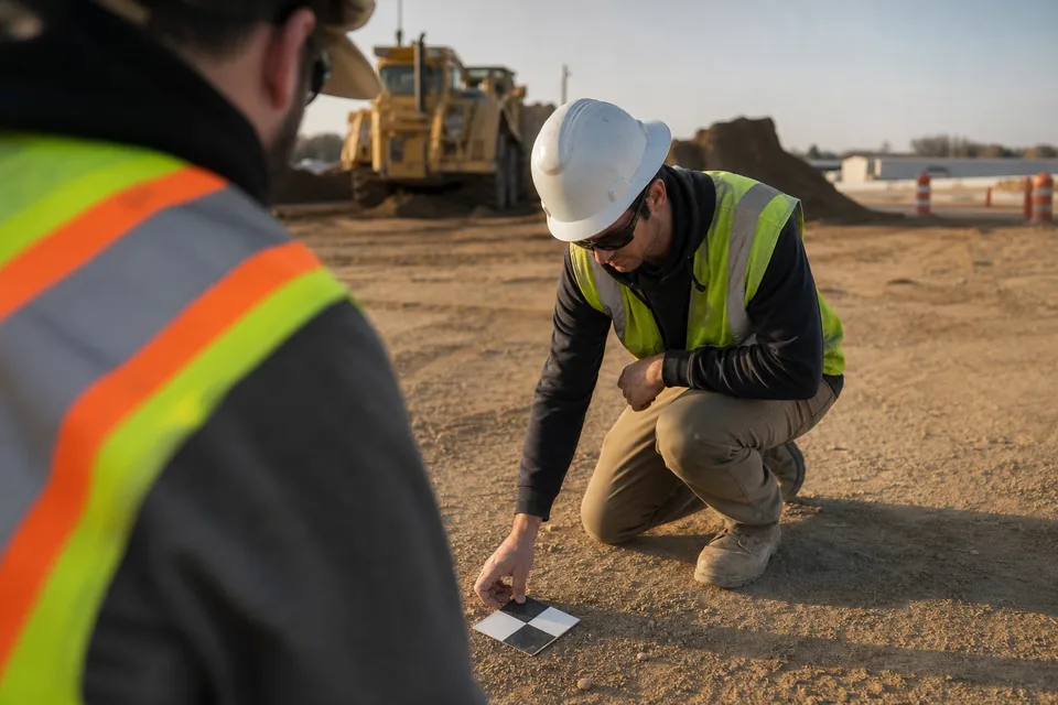 Ground control target laid out on a gravel site before a drone survey flight
